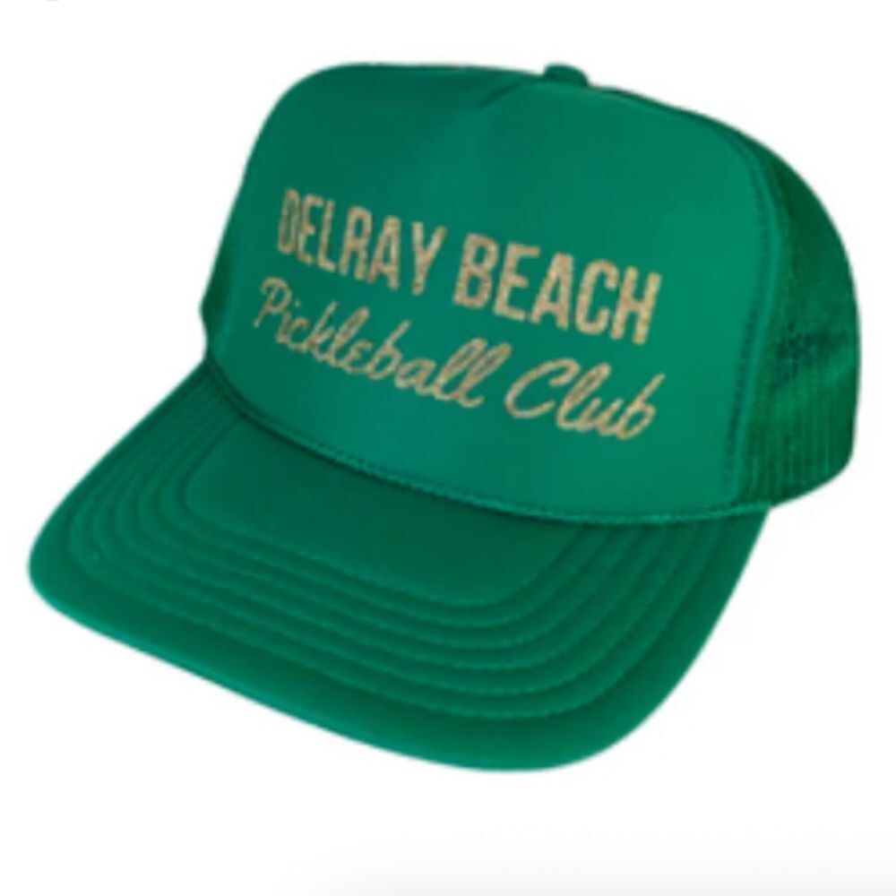 Delray Beach Pickleball Club NEW Snap Back Trucker Hat Green & Gold Glitter